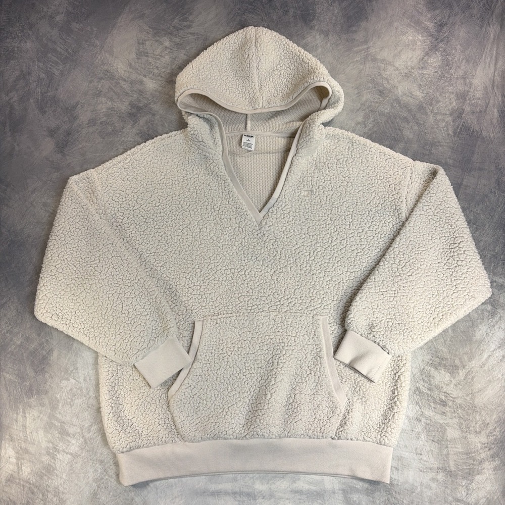 PINK Victoria's Secret Sherpa Hoodie Women Medium Cream Pullover V-Neck Fleece